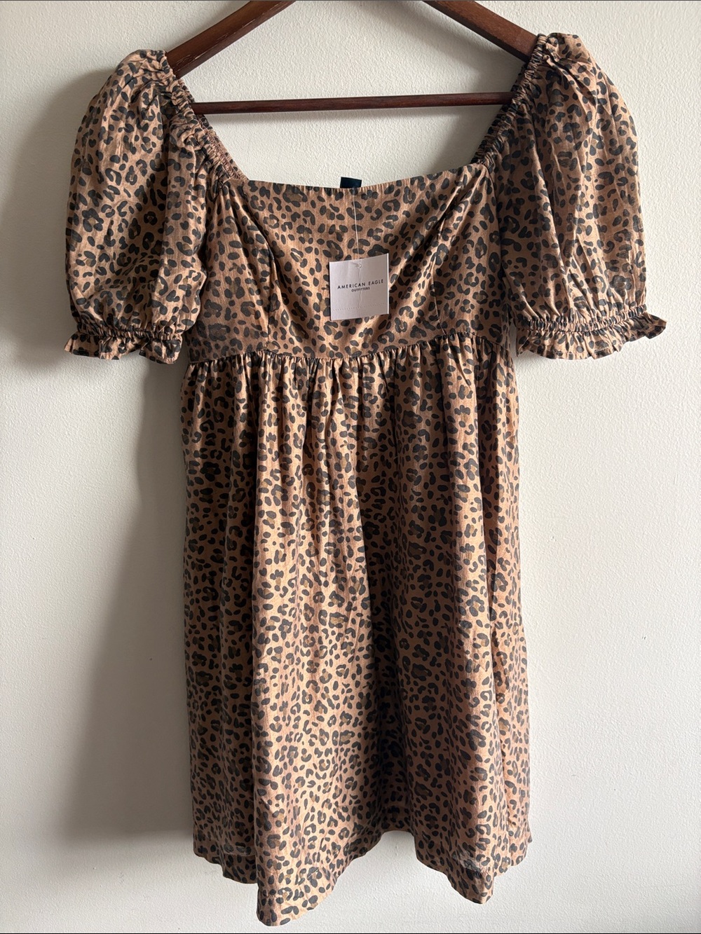 NWT American Eagle Leopard Print Puff Sleeve Babydoll Mini Dress Small